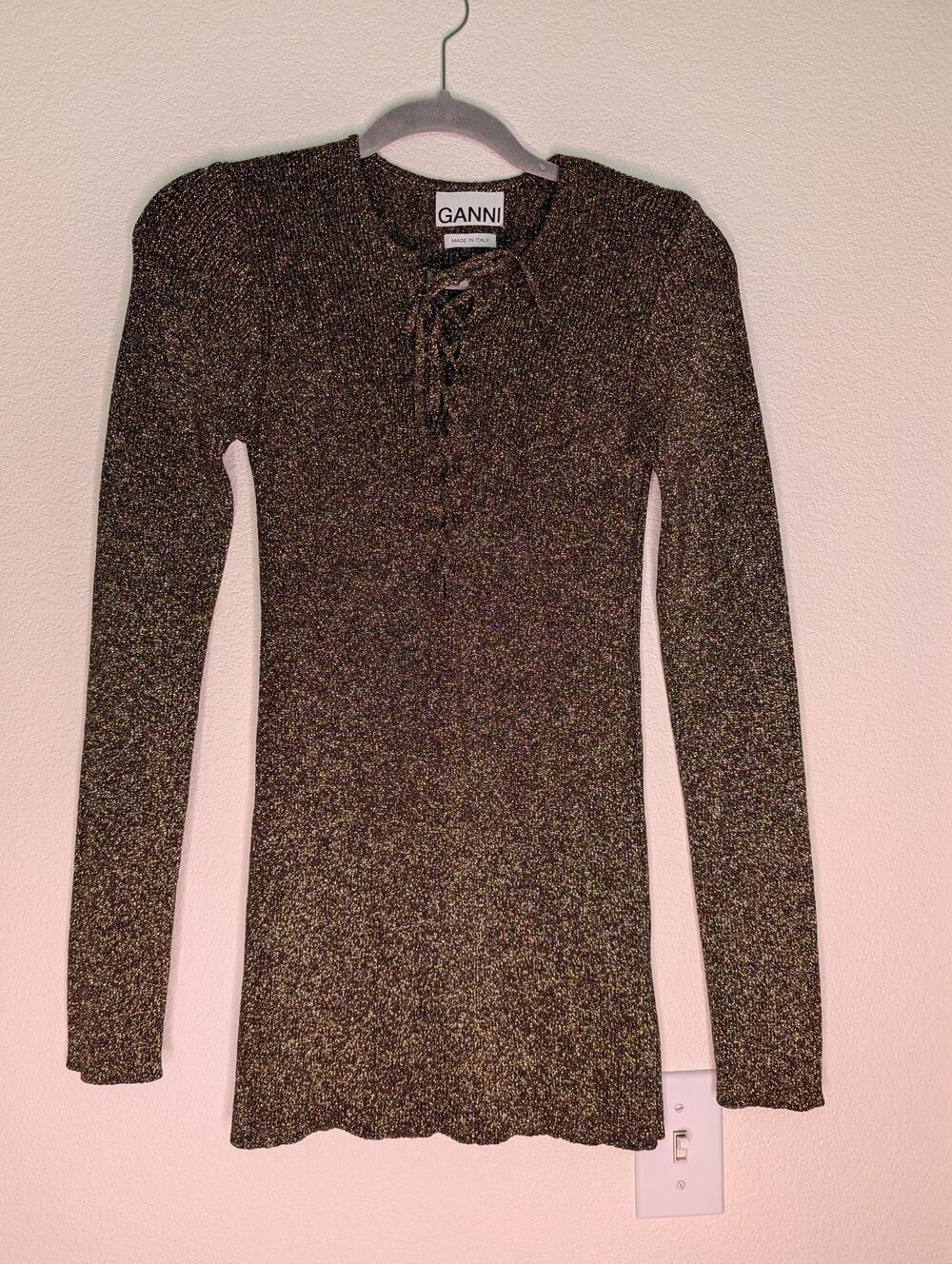 GANNI Made in Italy Metallic Gold Lurex Knit Lace Up Long Sleeve Mini Dress M